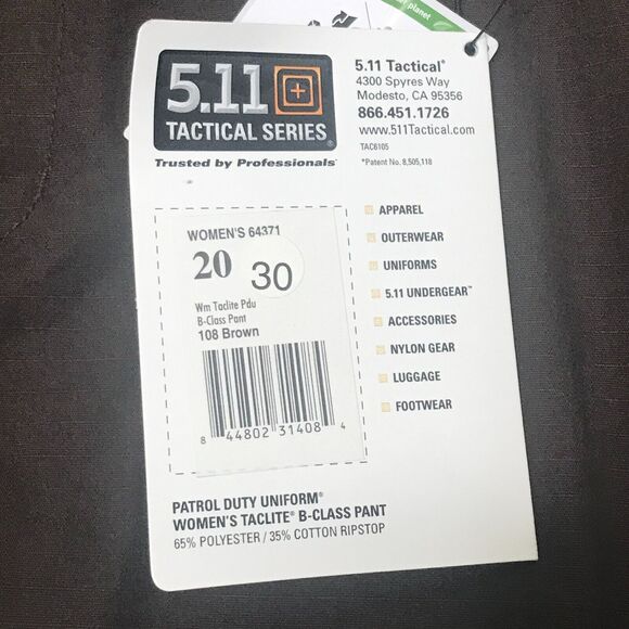 5.11 Tactical Series Womens 20 Brown Patrol Duty Uniform B Class Pants NEW - Picture 7 of 13